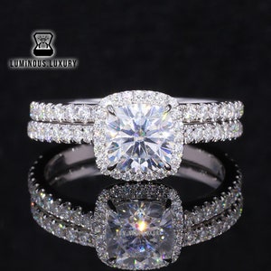 Bridal Set Ring, 1.40/ 2/ 3 Carat Cushion Cut Moissanite Designer Halo Engagement Ring, 3/4 Eternity Matching Wedding Band, Bridesmaid Gift