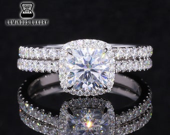 Bridal Set Ring, 1.40/2/2.50 Carat Cushion Cut Moissanite Designer Halo Engagement Ring, 3/4 Eternity Matching Wedding Band, Bridesmaid Gift