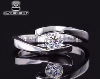 Tension Set Solitaire Ring: Antique Bypass Shank Ring, 0.50/0.60/0.85 Carat Round Cut Moissanite Wedding Ring, Solid White Gold Promise Ring