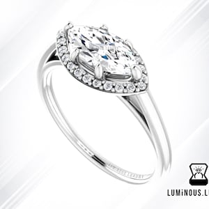 East to West Setting Marquise Cut Colorless 1 Carat Halo Engagement Ring, Halo Cluster Ring, 10K 14K  Solid Gold Wedding Anniversary Gift