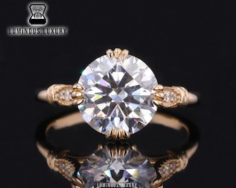 Vintage Moissanite Ring: Triple Claw Prong Milgrain Set Solitaire Engagement Ring, 2/ 2.75/ 3.15 Carat Round Cut Wedding Ring, Birthday Gift