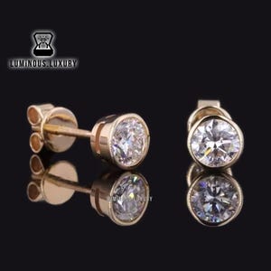 Delicate Bezel Set Studs, 1.60/2.40/3.50 TCW Round Cut Colorless Moissanite Wedding Earrings, Screw Back Earrings, Anniversary Gift For Wife