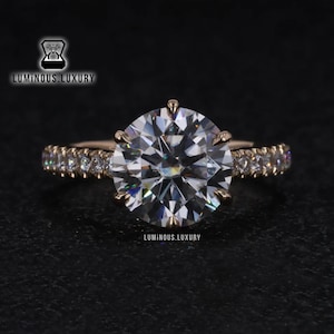 2/2.75/3.25 Carat Round Cut Moissanite Engagement Ring, Cathedral Set Pave Accent Solitaire Ring, 6 Claw Prong Hidden Halo Anniversary Ring