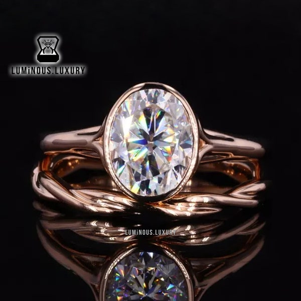 1.5/ 2.5/ 3.5 Carat Oval Cut Moissanite Bridal Set Ring In 10K/14K/18K Solid Gold, Solitaire Bezel Set Ring With Full Eternity Twisted Band