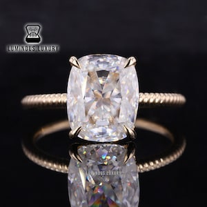 Four Prong Basket Set Engagement Ring, 2.5/3.75/5.25 Carat Elongated Cushion Cut Moissanite Antique Ring, Hidden Halo Rope Band Wedding Ring
