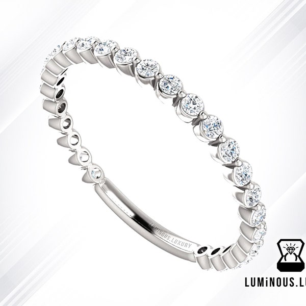 3/4 Eternity Round Cut Colorless Moissanite Wedding Band, Minimalist Moissanite Anniversary Band, Bubble Prong Set, Bridal Ring Set Gift