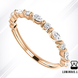 Half Eternity Round and Marquise Cut Colorless Moissanite Wedding Band, Minimalist Moissanite Anniversary Band, Bubble Prong Set Design Band