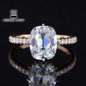 2 Tone Cathedral Set Wedding Ring, Dainty 2.5/3.75/5 Carat Old Mine Cushion Cut Moissanite Engagement Ring, Hidden Halo Compass Setting Ring