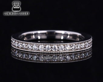 Classic Comfort Fit Stacking Wedding Band, Milgrain Set Full Eternity Band, Round Cut Colorless Moissanite Matching Band For Engagement Ring