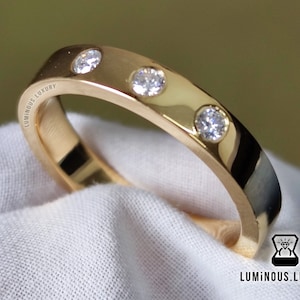 Flush Set Comfort Fit Men's Moissanite Wedding band, Amazing Colorless Round Moissanite Wedding Band, Solid Yellow Gold Wedding Band For Him