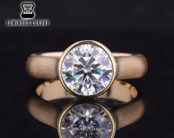 10K Solid Gold Matte Finish Solitaire Ring: Secure Stone Wedding Ring, 2.25/2.75/3.15 Carat Round Cut Moissanite Bezel Set Anniversary Ring