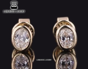 Dainty Bezel Set Stud Earrings: 1/ 2/ 3 TCW Oval Cut Colorless Moissanite Earrings, Push Back Earrings, Bridesmaid Gift, Daily Wear Studs