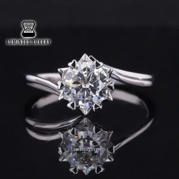 Art Deco Flower Basket Set Ring: 1.15/ 2/ 2.75 Carat Round Cut Moissanite Anniversary Ring, Unique Heart Prong Bypass Shank Ring For Her