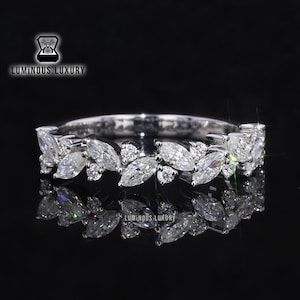 Colorless Marquise With Round Cut Moissanite Half Eternity Band, Cluster Set Band For Women, Leaf Matching Wedding Band For Anniversary Ring