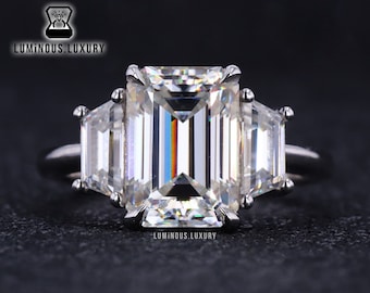 Three Stone Ring, Colorless 3/4/6 Carat Emerald With Trapezoid Baguette Cut Moissanite Silver/Platinum Engagement Ring, 3rd Anniversary Gift