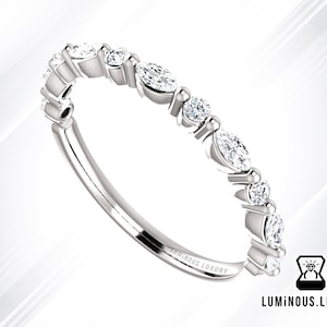 Marquise Cut Moissanite Wedding Band / Round Moissanite Half Eternity Band / Anniversary Band For Her / Matching Band For Engagement Ring