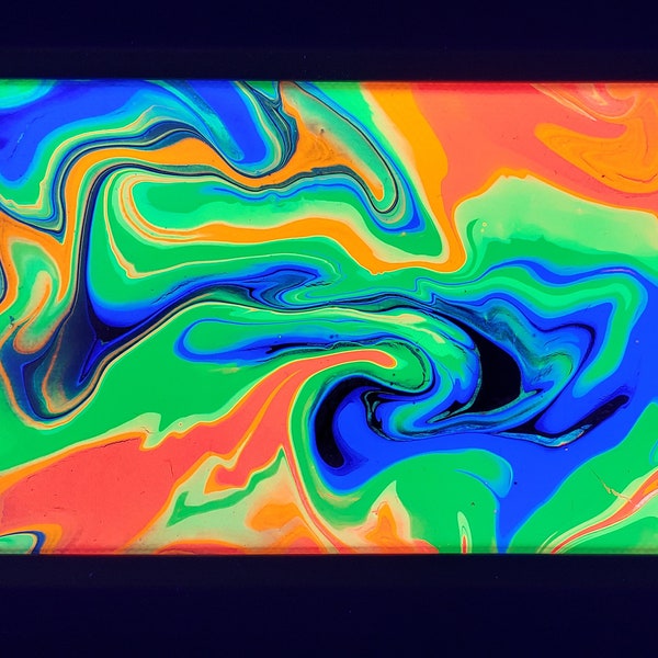 90's Mood Art, fluorescent acrylic on canvas, 4 x 6 framed wall art, Unique Blacklight wall decor