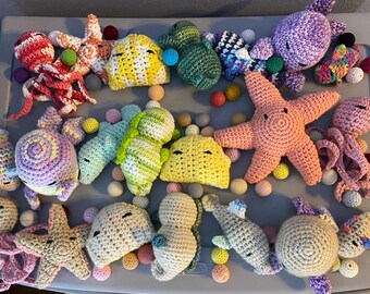 Lot of Crochet Catnip Cat Toys Interactive Box Handmade Knit Sea Life Ocean Theme Fish Felted Wool Balls Gift for Cat Lover Eco Friendly Pcs