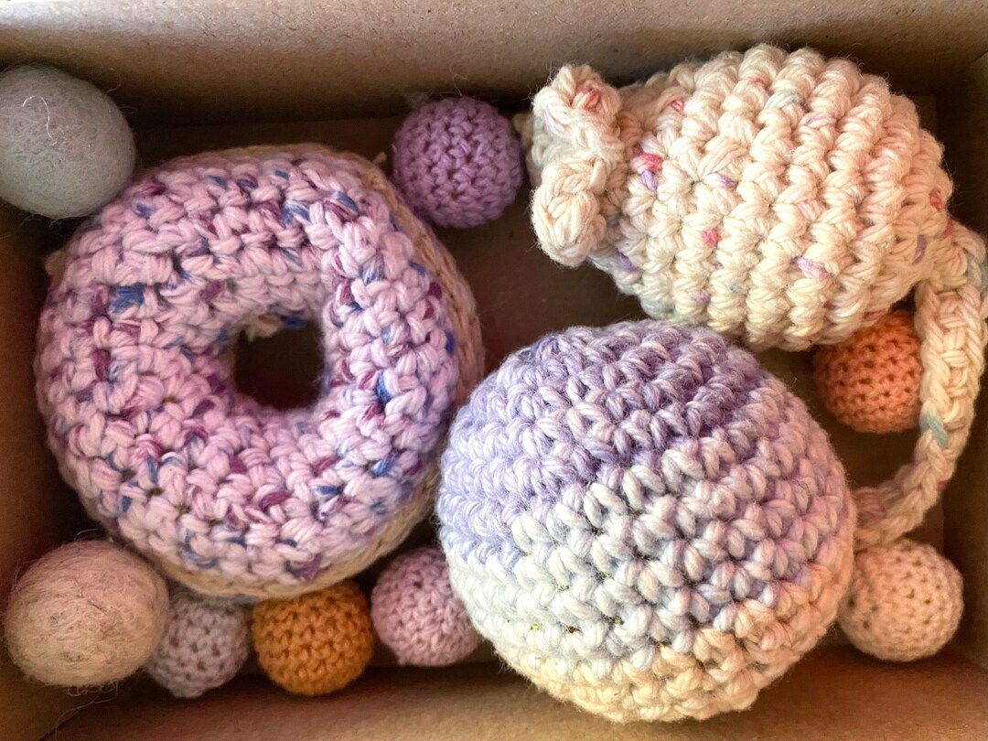 Lot of Crochet Catnip Cat Toys Interactive Box Handmade Ball Donut Knit