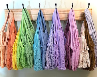 Mesh Market Bag Long Handle Hand Dyed 100% Cotton Net String Shopping Reusable Farmers Produce Eco-Friendly Zero Waste Gift Ladies Men Teens