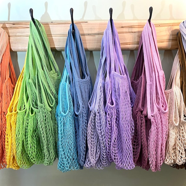 Mesh Market Bag Long Handle Hand Dyed 100% Cotton Net String Shopping Reusable Farmers Produce Eco-Friendly Zero Waste Mother's Day Gift