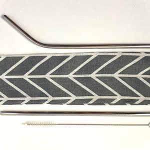 Pode incluir: Um conjunto de tr&ecirc;s canudos de beber de a&ccedil;o inoxid&aacute;vel com uma bolsa de transporte de tecido com padr&atilde;o cinza e branco e uma escova de limpeza.