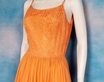 Vintage 1950s Peach Creamsicle Strappy Chantilly Lace and Crepe Chiffon Party Dress Sun Dress, Fit & Flare/ Size XS (25” waist)
