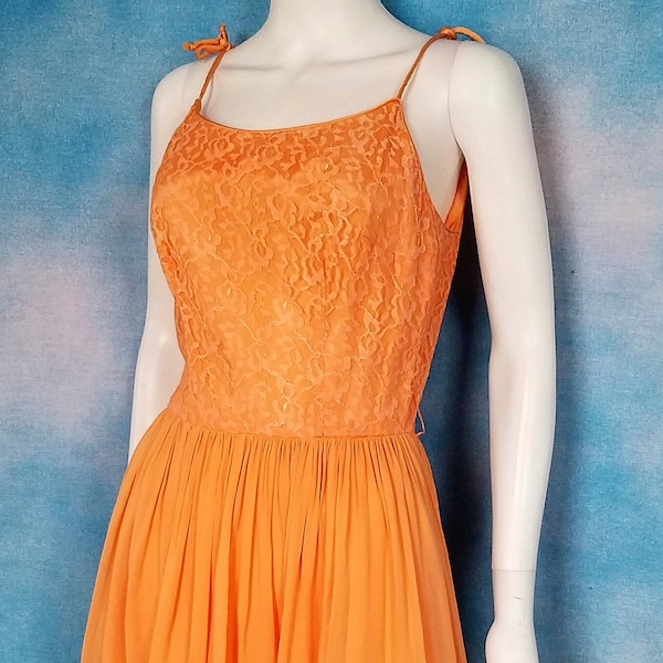 Vintage 1950s Peach Creamsicle Strappy Chantilly Lace and Crepe Chiffon Party Dress Sun Dress, Fit & Flare/ Size XS (25” waist)