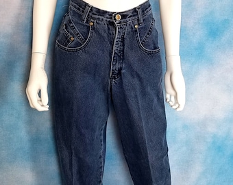 May include: A pair of blue denim jeans with a high waist and a relaxed fit. The jeans have a light wash and are made of a soft, comfortable fabric.