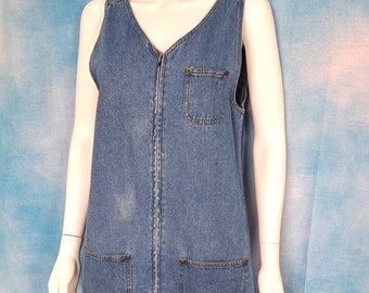 Vintage 90s Medium Wash Denim Jean V Neck Jumper Midi Dress, Zipper Front Closure, Pockets/ Erika Classics Clothing Co./ Size S
