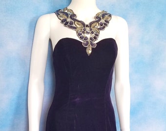 Vintage 90s Royal Purple Velvet Bodycon Sexy Cocktail Wiggle Dress w Side Slit, Sequined Beaded Halter Straps/ Zum Zum/ Size S