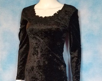 Vintage 90s Black Crushed Velvet Stretch Bodycon Long Sleeved Mini Dress with Beaded Soutache Neckline/ All That Jazz/ Size S