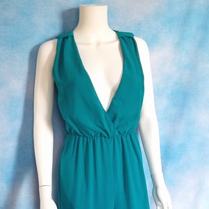 Vintage 90s Y2K Teal Chiffon Deep V-Neck Flowy Palazzo Jumpsuit/ Body Central/ Size M