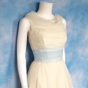 Vintage Early 60s White and Baby Blue Ruched Chiffon Cocktail Gown Prom Dress, Cowl Neckline, Blue Sash and Train/ Harry Keiser/ Size XS