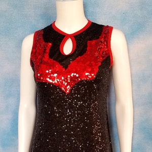 Vintage 2000s Y2K Black and Red Sequined Mini Dress Sleeveless Western Cowgirl Style Leotard Dance Costume/ A Wish Come True/ Size Womens S