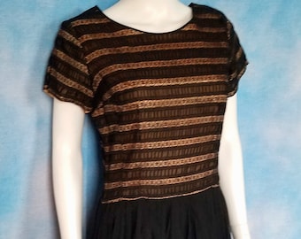 Vintage 60s Black Lace and Chiffon Short Sleeved Illusion Party Dress/ Hand Made/ Size M-L