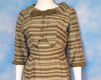 Vintage 1950s Olive Drab and Horizontal Heathered Gray Striped Sleeveless Wiggle Sheath Pencil Dress & Cropped Bolero Jacket/ Size S