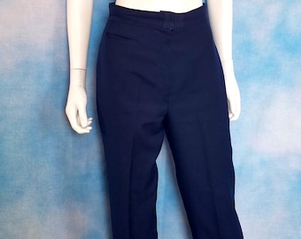 Vintage 70s Womens Navy Blue Pleated Straight Leg High Waisted Trousers/ waist 27”, inseam 27.5