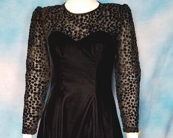 Vintage 80s Black Velvet Full Skirt Party Dress with Illusion Burnout Sparkly Leopard Spot Neck and Sleeves/ Niki Petites/ Size 4, XS-S