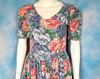 Vintage 80s Homemade Romantic Floral Puff Sleeve Dress with Circle Skirt and Pockets/ Large Slate Blue and Mauve Roses and Dahlias/ Size S