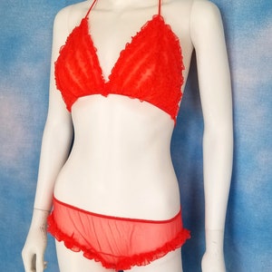 Vintage 1960s 2 Piece Pinup Burlesque Scarlet Red Ruffled Sheer Nylon Lingerie Set, Halter Bra and Hipster Panties/ Size S-M