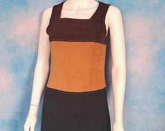 Vintage 90s does 70s 3-Tone Brown and Tan Color Block Microsuede Stretch Mini Sleeveless Shift Dress/ H&G, Hip and Gorgeous/ Size S-M