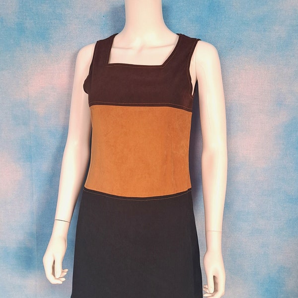 Vintage 90s does 70s 3-Tone Brown and Tan Color Block Microsuede Stretch Mini Sleeveless Shift Dress/ H&G, Hip and Gorgeous/ Size S-M