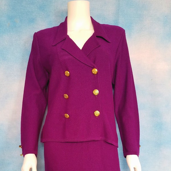 Vintage AS IS 80s does 60s Orchid Purple Knit Double Breasted Skirt Suit with Gold Eagle Crest Buttons/ Laura Petites by Alyzia/Size M