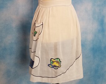 Vintage 50s Or Older Unique Art Deco White Organdy Chiffon Half Apron Hostess Apron with Appliqued Blue Green and Yellow Flowers