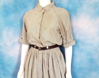 Vintage Early 60s Gray and White Seersucker Shirt Dress with Full Skirt and Red Stitching/ Barnsville USA/ Size S (26” waist)