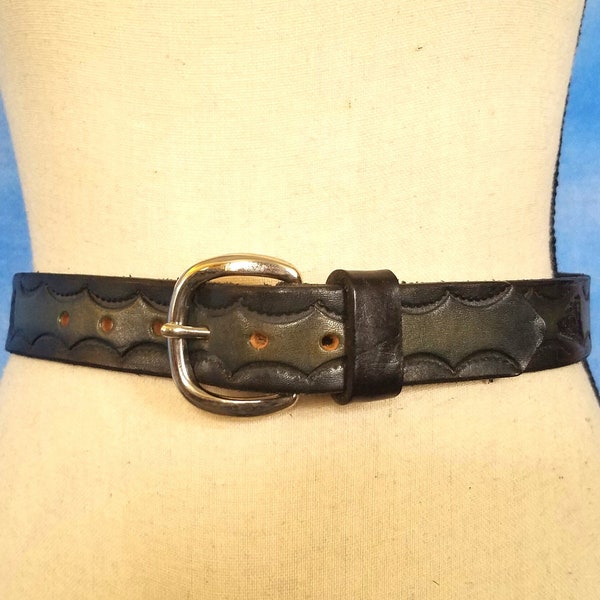 Vintage 70s Dark Green and Black Stamped Leather Belt with Train Locomotive and Scallop Border Stamps, Brass Buckle/ Size XS-S