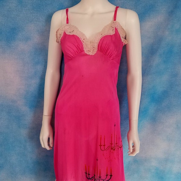 Vintage 70s Upcycled Hot Pink Lace Trimmed Mini Slip Dress with Pink Rhinestones and Stenciled Chandeliers/ Size S