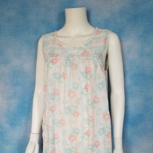 Vintage 80s Pastel Rainbow Airbrush Floral Rose Print Sleeveless Shift Dress, Nightgown, House Dress with Pocket/ Size S-M