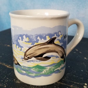 Vintage 90s Maine Ceramic Coffee Mug, White with Dolphins Leaping from Waves/ Capeshore, Inc.
